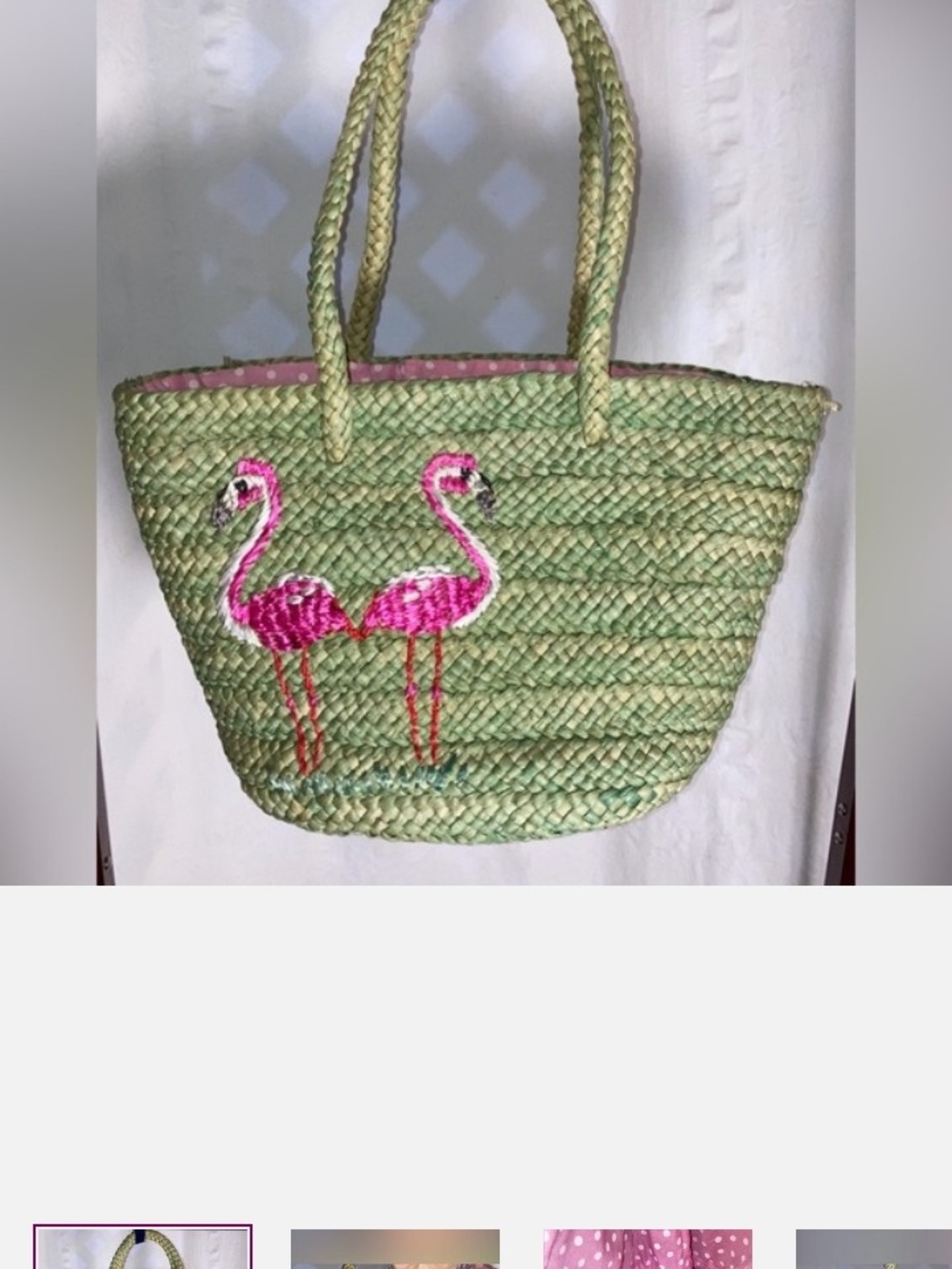 QVC Green Straw Tote with Pink Flamingo Embroidery